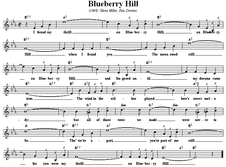 I found my thrill on Blueberry Hill, On Blueberry Hill, when I found you. 